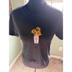 Hot Topic Sunflowers in Jar Embroidery Black Tee Small